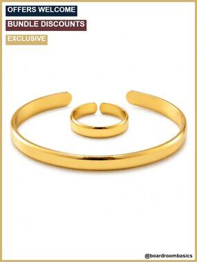 Waterproof 18K Gold Cuff Bracelet Ring Set Stainless Steel Adjustable